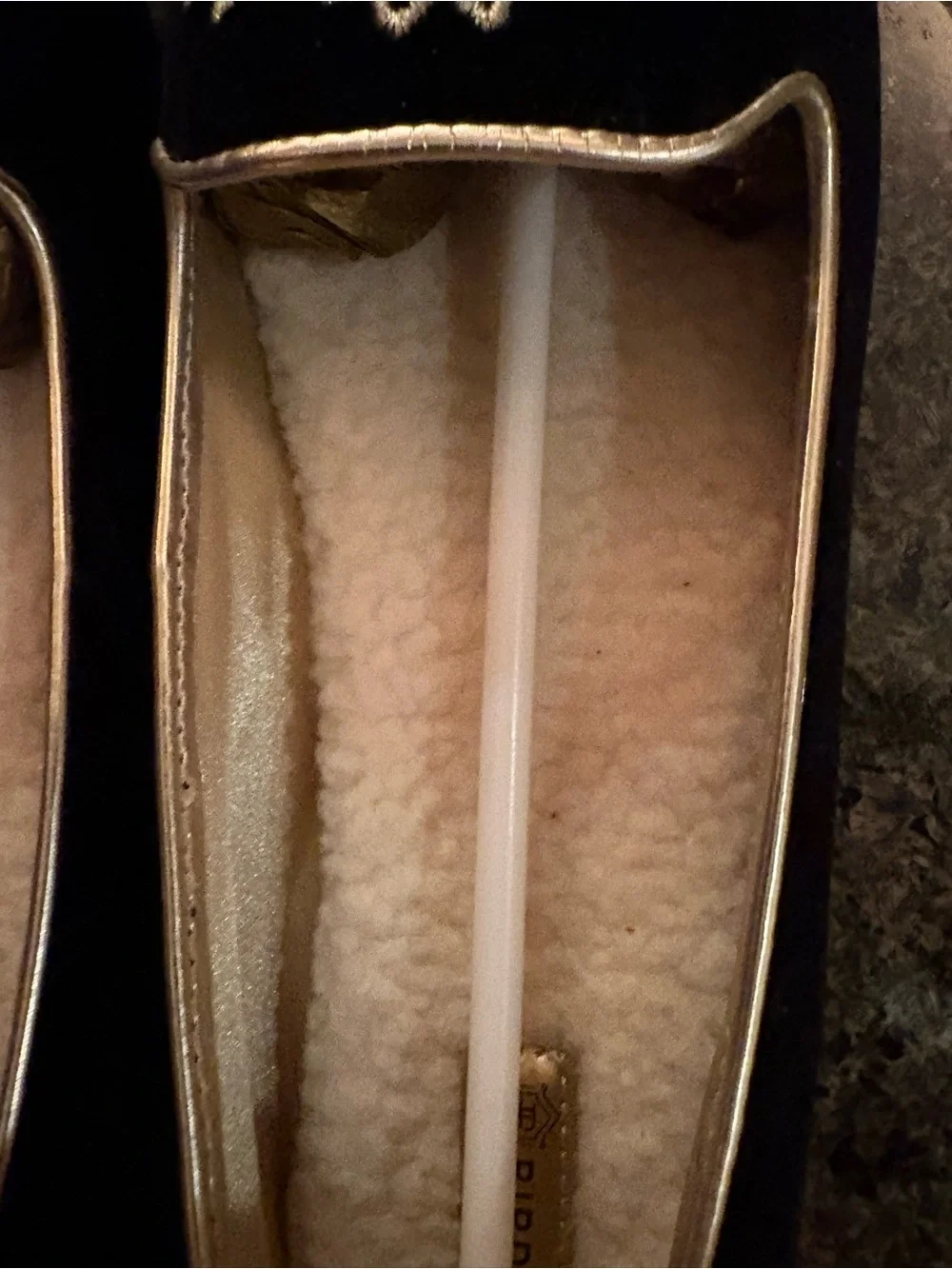 Birdies Black & Gold Embroidered Velvet Loafers and /or Slippers  Sherpa Lining